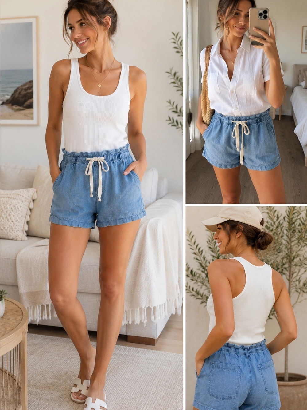 Harlow Tencel Chambray Paperbag Waist Shorts Blue Drawstring Medium